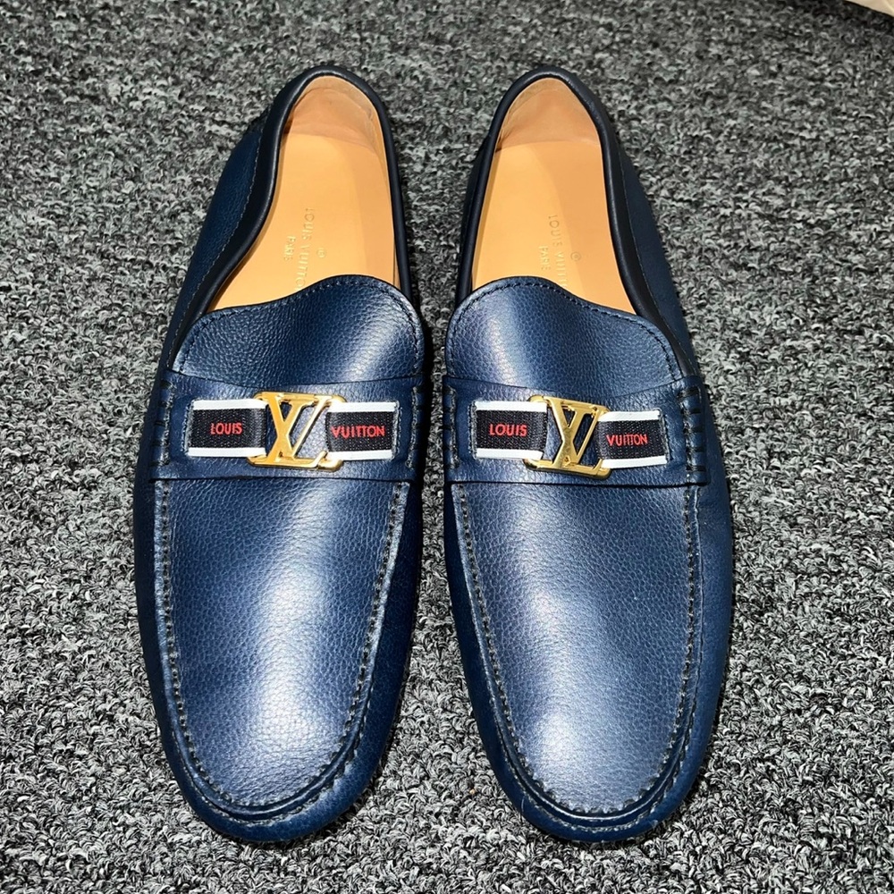 Authentic Louis Vuitton Hockenheim Loafers Leather Navy Blue Size 7 Mens